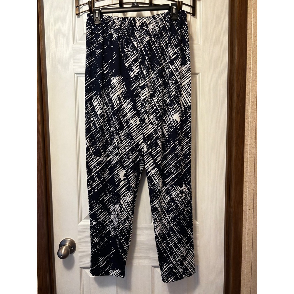 Vikki Vi Navy White Abstract Print Straight Leg Pull On Pants Womens 1X